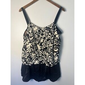 Costa del Sol Wm Floral Bra Tankini Swim Top Black White Ruffle Hem Beach Summer